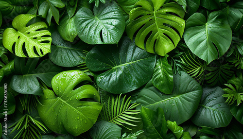 Lush monstera leaves arranged in a dense  green tropical foliage pattern.
