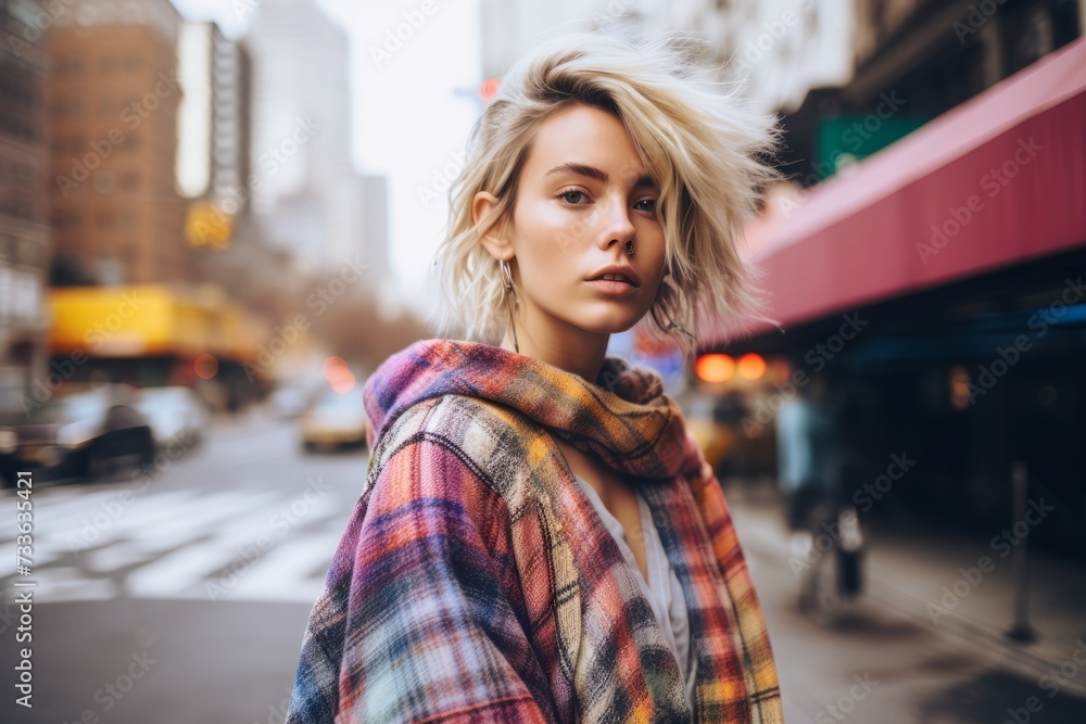 Beautiful young blonde woman in a checkered plaid coat on the streets of New York.