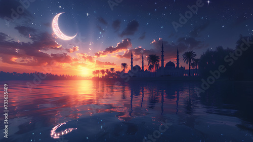 Celebration of islamic eid mubarak and eid al adha lantern in a light background