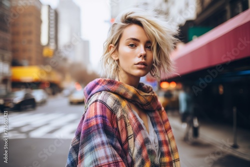 Beautiful young blonde woman in a checkered plaid coat on the streets of New York.