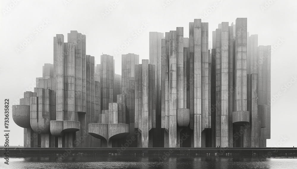 Monolithic brutalist architecture resembling a futuristic cityscape, reflected in water on an overcast day.