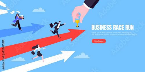 Business career competition with man and woman business persons running flat style design vector illustration concept. Leadership race employee competition with achieving success award.