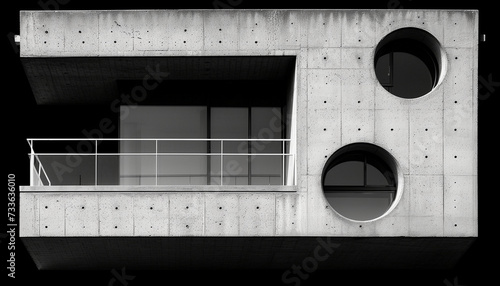 Neobrutalist architectural facade with circular windows and a cantilevered balcony, set against a dark background. photo