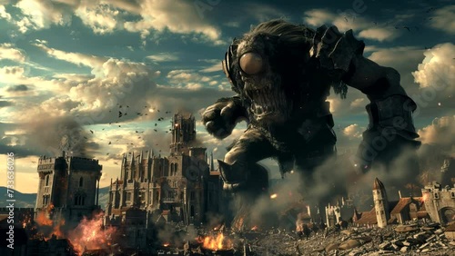 a giant golem rampaging through the city. Seamless looping time-lapse virtual 4k video animation background photo