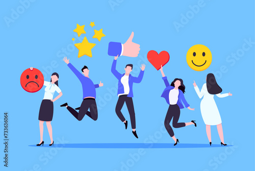 Employee feedback work satisfaction survey business concept flat vector illustration. Employee or customer feedback rating opinion with people and social icons - thumb, smile emoji, stars and heart.