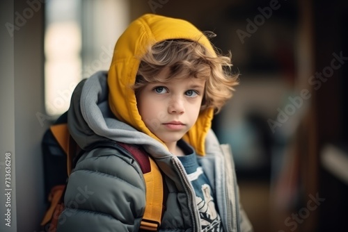 Portrait of a cute little boy in a warm jacket with a backpack