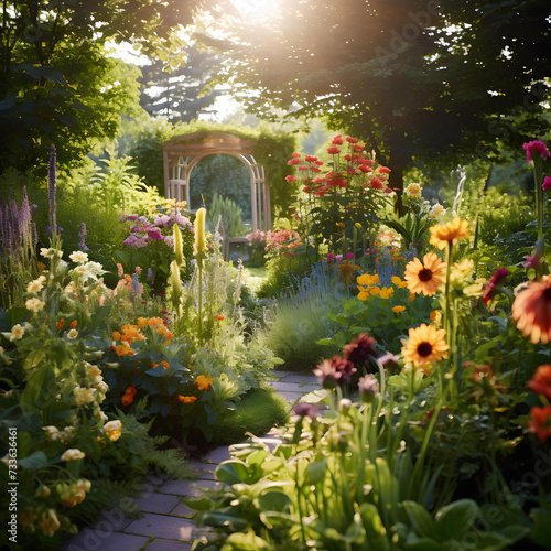 a lush green garden with various types of flowers