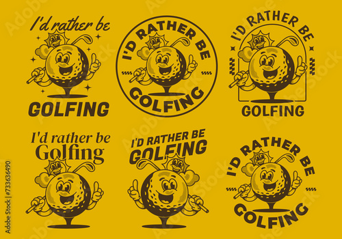 I'd rather be golfing. Vintage character illustration of a golf ball holding a golf stick
