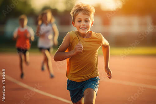 Young boy running on the running track at the stadium outdoors