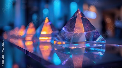 Reflective pyramid trophies arranged neatly on a glass shelf with a blue ambiance