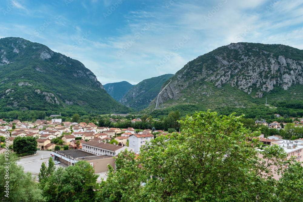  view of Tarascon-sur-Ariege commune surrounded by Pyrenees, France