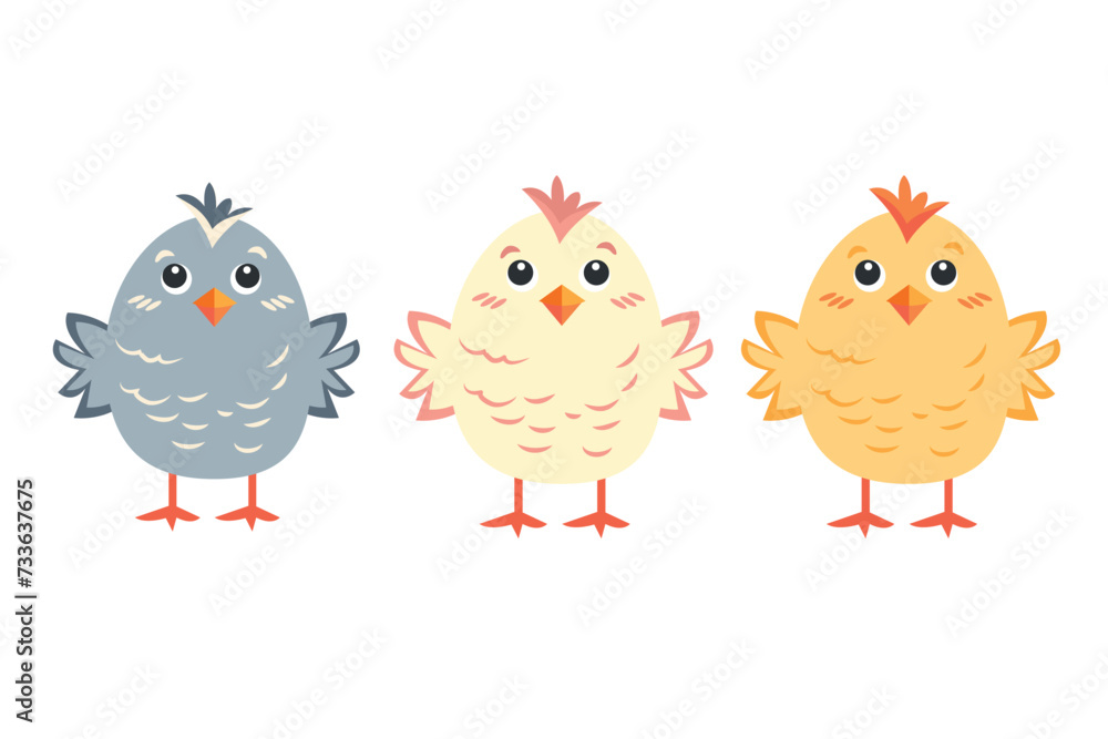 Set of three cute yellow, pink and gray Easter chicks isolated on a white background. Vector illustration.