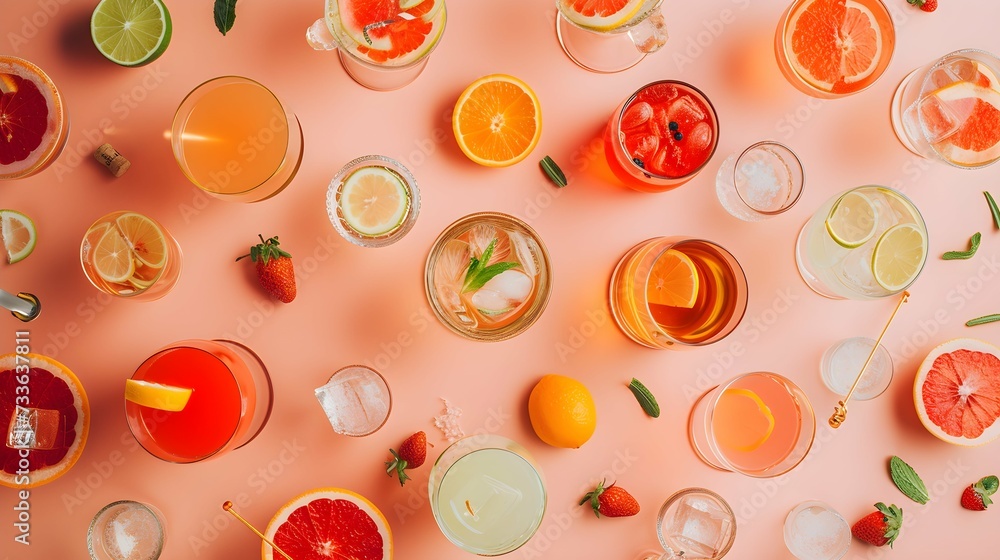 Cocktail drinks flat lay arrangement Cocktail drinks flat lay arrangement