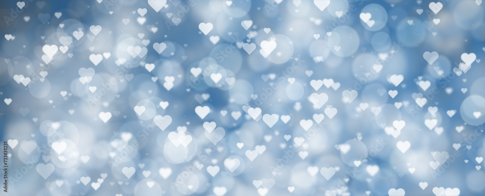 Beauitful white blue hearts on blurred bokeh illustration background. Valentine's day holidays copy space greeting card.
