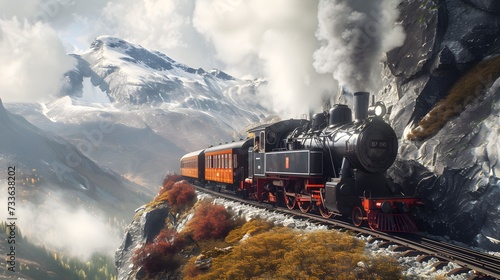 Classic steam locomotive chugging through a mountain pass photo