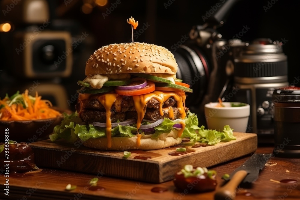 Mouthwatering hamburger sizzling and cooking to perfection on a hot charcoal grill Mouthwatering hamburger sizzling and cooking to perfection on a hot charcoal grill