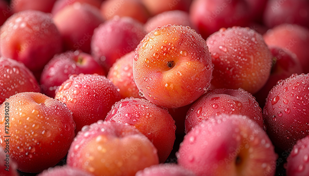 A cluster of fresh peaches with water droplets, highlighted by a shallow depth of field and vibrant color details. A cluster of fresh peaches with water droplets, highlighted by a shallow depth of field and vibrant color details.