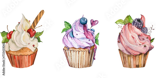 set of watercolor cakes with cream and berries  blackberries blueberries cherries. with heart-shaped lollipop leaves and cookies. illustration isolated on white background. for menu  advertising.