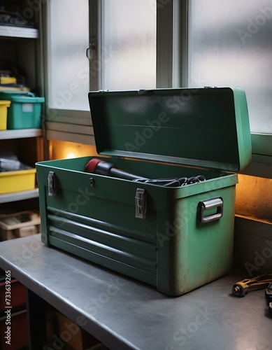 A sturdy, metal toolbox in a garage