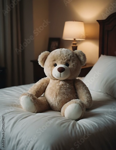 A plush, teddy bear on a child's bed