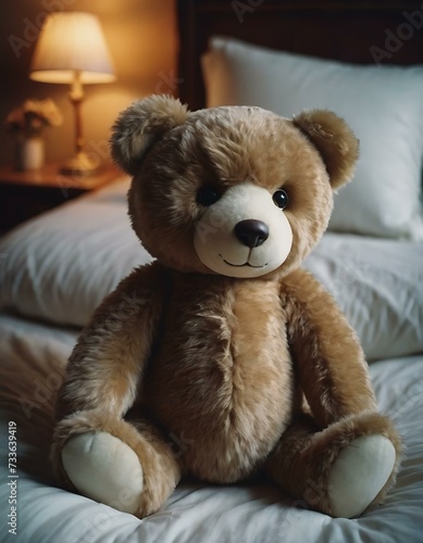 A plush, teddy bear on a child's bed