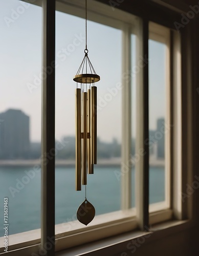 A set of brass wind chimes hanging by a window, their delicate sound harmonizing with the breeze, the light dancing on their metal surfaces photo