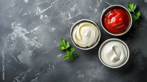 ceramic sauce bowls with horseradish, tomato sauce and mayonnaise on a gray. Top view, copy space