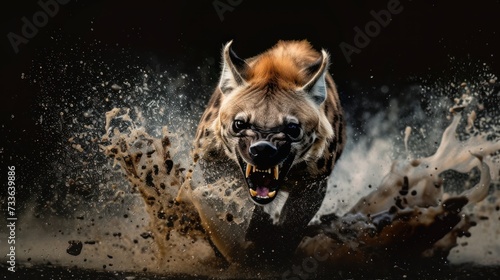 hyena in black background with water splash