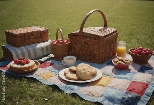 A bright  patchwork quilt spread out on a grassy field