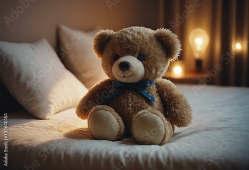 A plush, teddy bear on a child's bed