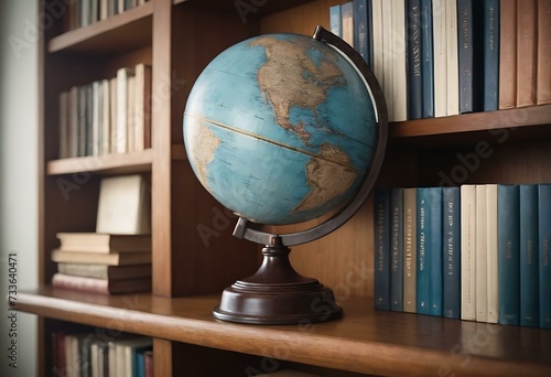 A vintage globe on a bookshelf  its surface smooth from years of exploration  the soft room light tracing the contours of continents and oceans