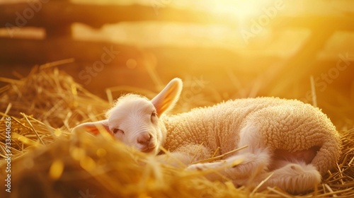 Newborn lamb lying among straw in a stable, on golden sunset background. © usman