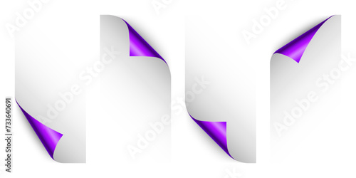 Set of violet paper curls. Curled page corner with shadow. Blank sheet of paper. Colorful shiny foil. Design element for advertising and promotion. Vector illustration.