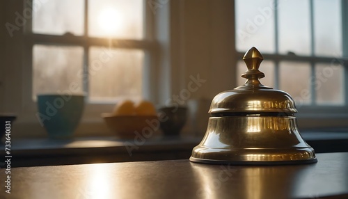 A small, brass bell on a kitchen windowsill