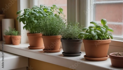 A small, terracotta herb garden on a sunny kitchen windowsill