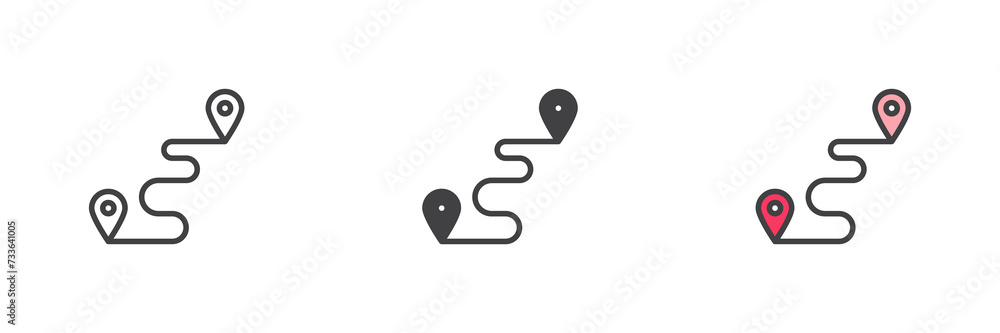 Navigation route between point markers different style icon set Navigation route between point markers different style icon set