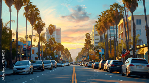 Aerial panoramic view of Ocean Ave freeway in Santa Monica beach at sunset - City streets of Los Angeles and California state surrounds - Warm twilight color filter tones with dark vignetting , genera photo
