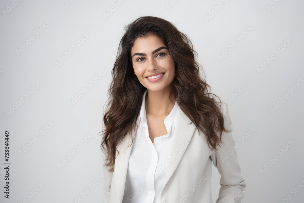 Portrait of a smiling businesswoman with long wavy hair. Portrait of a smiling businesswoman with long wavy hair.