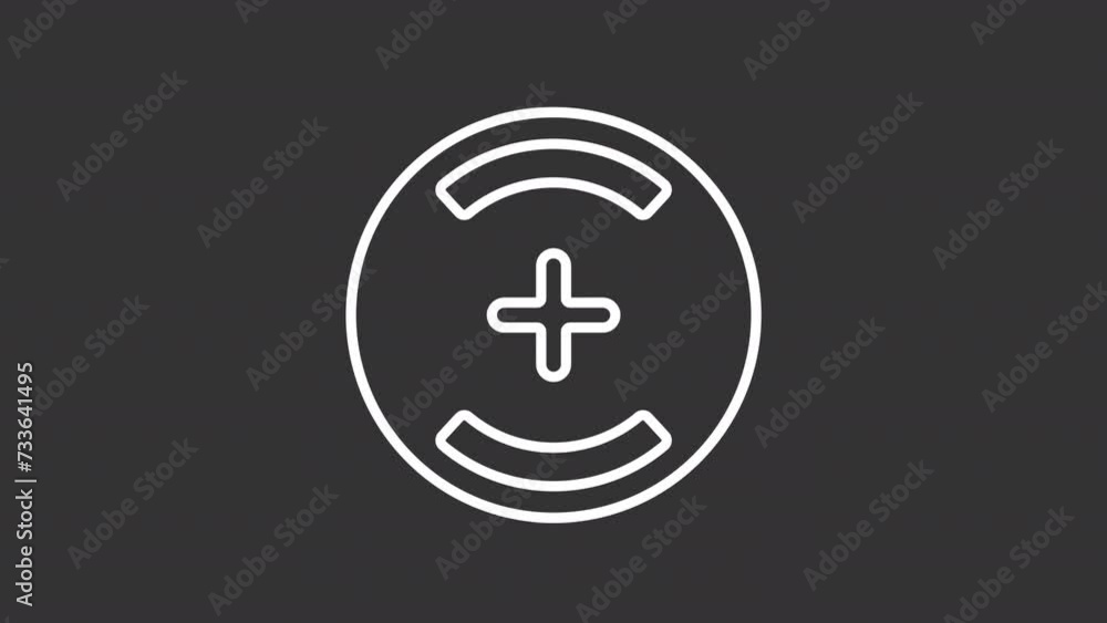 Animated coin cell white icon. Button accumulator line animation. Small size energy storage. Environment care. Isolated illustration on dark background. Transition alpha video. Motion graphic