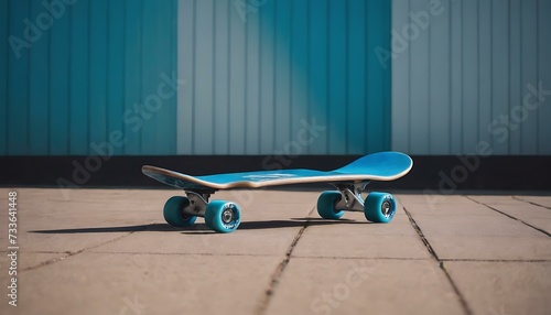 A bright blue skateboard leaning against a wall, its wheels worn from adventures