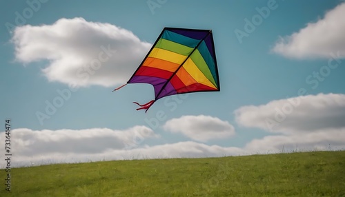 A colorful  handcrafted kite waiting on a grassy hill
