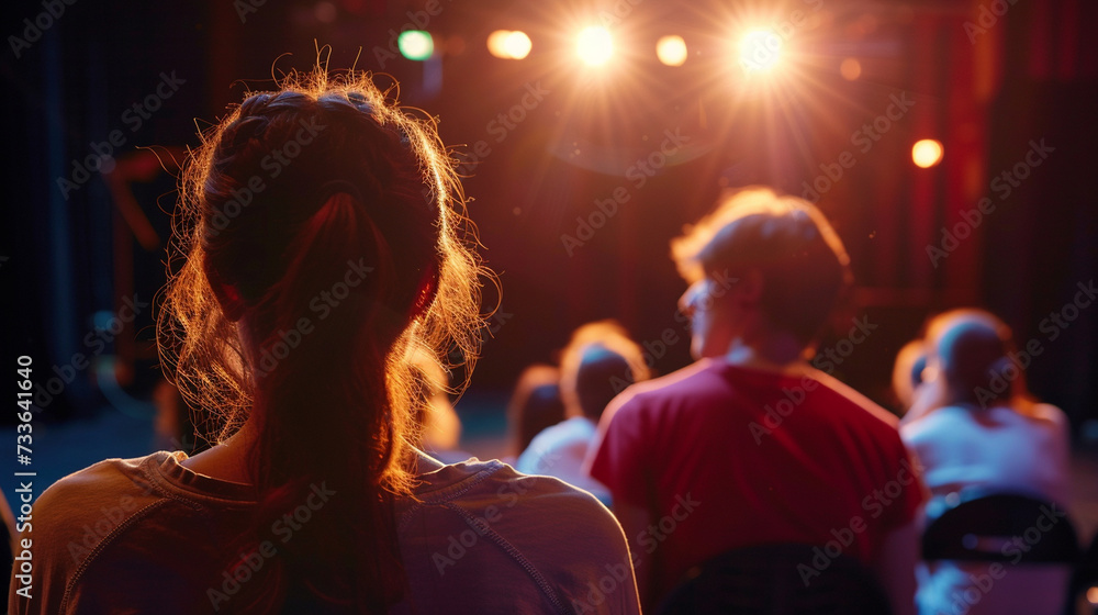 A group of volunteers organizing a community theater production to promote cultural enrichment and community engagement, with dynamic and dramatic composition, with copy space