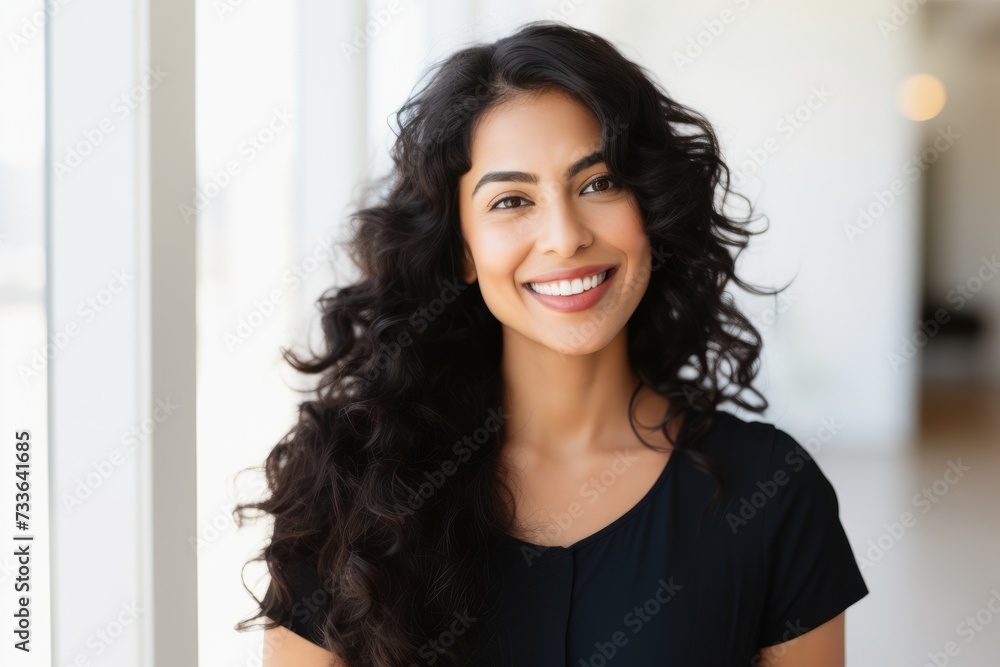 portrait of happy smiling young businesswoman looking at camera in office portrait of happy smiling young businesswoman looking at camera in office