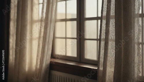 A pair of vintage  lace curtains gently swaying in an open window