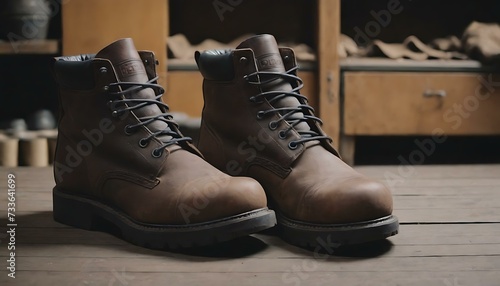 A pair of well-oiled, leather work boots in a workshop