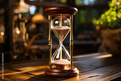 Elegant hourglass on a wooden surface with golden bokeh background. Generated by artificial intelligence
