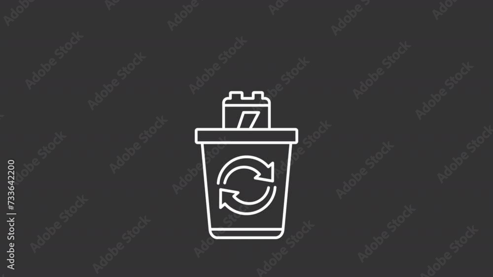 Animated battery disposal white icon. Waste sorting line animation. Accumulator reprocessing, electronics recycling. Isolated illustration on dark background. Transition alpha video. Motion graphic Animated battery disposal white icon. Waste sorting line animation. Accumulator reprocessing, electronics recycling. Isolated illustration on dark background. Transition alpha video. Motion graphic