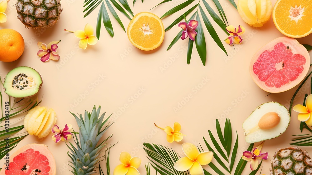 Banner with tropical fruits and flowers on beige background. Flat lay. top view Banner with tropical fruits and flowers on beige background. Flat lay. top view