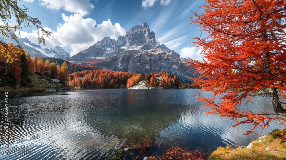 Red trees around the lake in colorful autumn and mountain in the background.