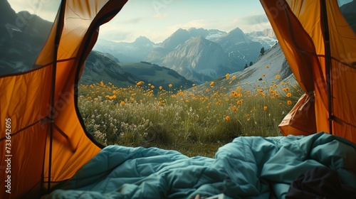 scenic view from inside of a camping tent in the summer, mountains, flower valley